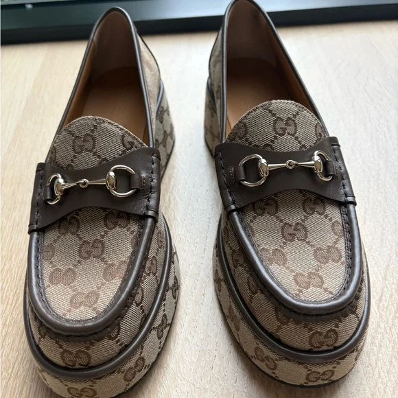 Gucci Brown & Beige GG Canvas Platform Loafers - Picture 3 of 6